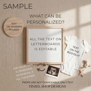 Peut inclure: Pr&eacute;sentation de produits avec un tableau de lettres en bois avec du texte modifiable, un body blanc avec du texte, un rond en bois avec du texte et une image d'&eacute;chographie. Le texte sur le tableau de lettres se lit "TOUT LE TEXTE SUR LES TABLEAUX DE LETTRES EST MODIFIABLE".