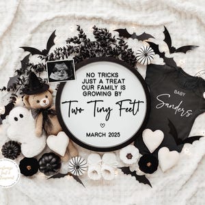Halloween Pregnancy Announcement Digital Fall Baby Announcement Spooky Editable Template Instant Download Gender Neutral Two Tiny Feet