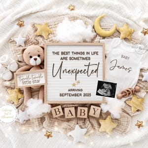 Pregnancy Announcement Digital,  Baby Announcement, Instant Download, Editable Template, Announcement, Moon and Star Theme, Unexpected Baby
