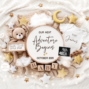 Pregnancy Announcement, Neutral Baby Announcement, Instant Download, Editable Template, Announcement, Moon and Star Theme, Adventure Begins