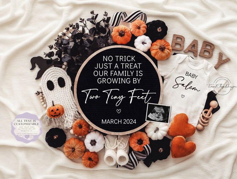 Halloween Pregnancy Announcement Digital Fall Baby Announcement Spooky Editable Template Instant Download Gender Neutral Trick or Treat image 1