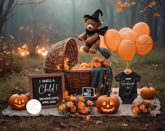 May include: A Halloween-themed baby announcement with a teddy bear in a witch hat, orange balloons, and carved pumpkins. A sign reads "I smell a child! Brewing until April 2026." A baby onesie says "Baby Sanderson."