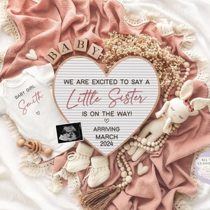 Girl Pregnancy Announcement Digital Baby Announcement Girl Gender Reveal Social Media Reveal Editable Template Its a Girl Little Sister