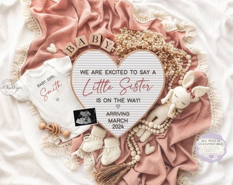 Girl Pregnancy Announcement Digital Baby Announcement Girl Gender Reveal Social Media Reveal Editable Template Its a Girl Little Sister