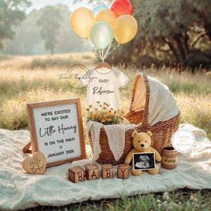 Annuncio di gravidanza di Winnie the Pooh, annuncio digitale del bambino, modello modificabile, download immediato, annuncio personalizzato del bambino, piccolo tesoro,
