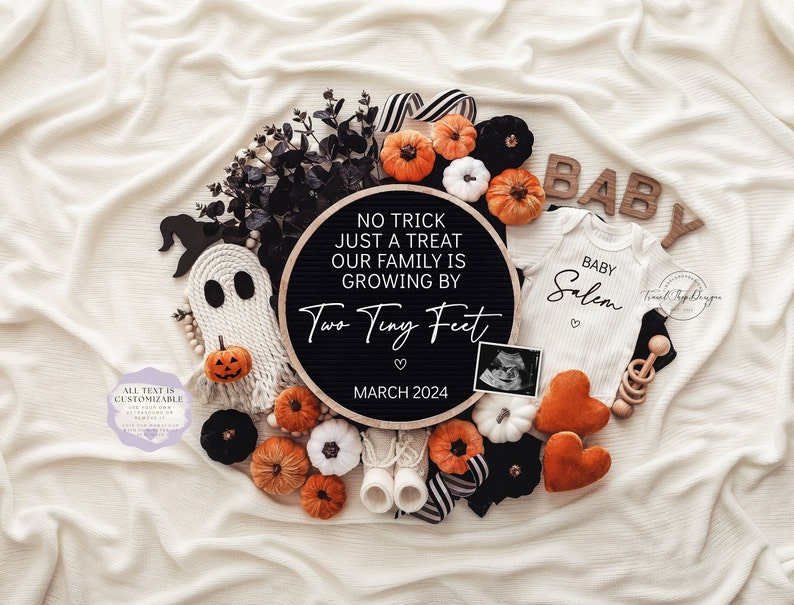 Halloween Pregnancy Announcement Digital Fall Baby Announcement Spooky Editable Template Instant Download Gender Neutral Trick or Treat image 3