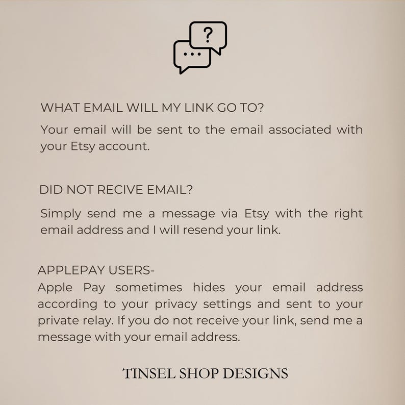 Peut inclure: Un graphique beige avec du texte concernant les liens e-mail Etsy. Le texte comprend des informations sur l'endroit o&ugrave; le lien sera envoy&eacute;, que faire si l'e-mail n'est pas re&ccedil;u et des informations pour les utilisateurs d'Apple Pay. Le graphique comprend &eacute;galement le texte "Tinsel Shop Designs."