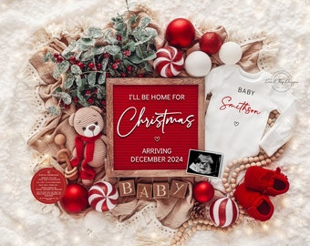 Weihnachts-Schwangerschafts-Ankündigung Digitale Baby-Ankündigung Dezember Schwangerschaft Gender Neutral Social Media Reveal I'll Be Home for Christmas