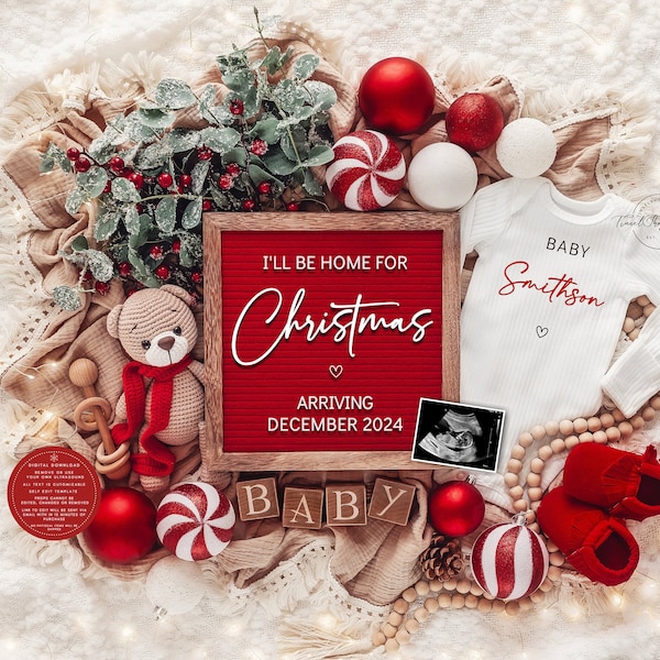 Christmas Pregnancy Announcement Digital Baby Announcement December Pregnancy Gender Neutral Social Media Reveal I'll Be Home for Christmas