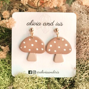 Brown Mushroom Polymer Clay Earrings, Cottagecore Dangles