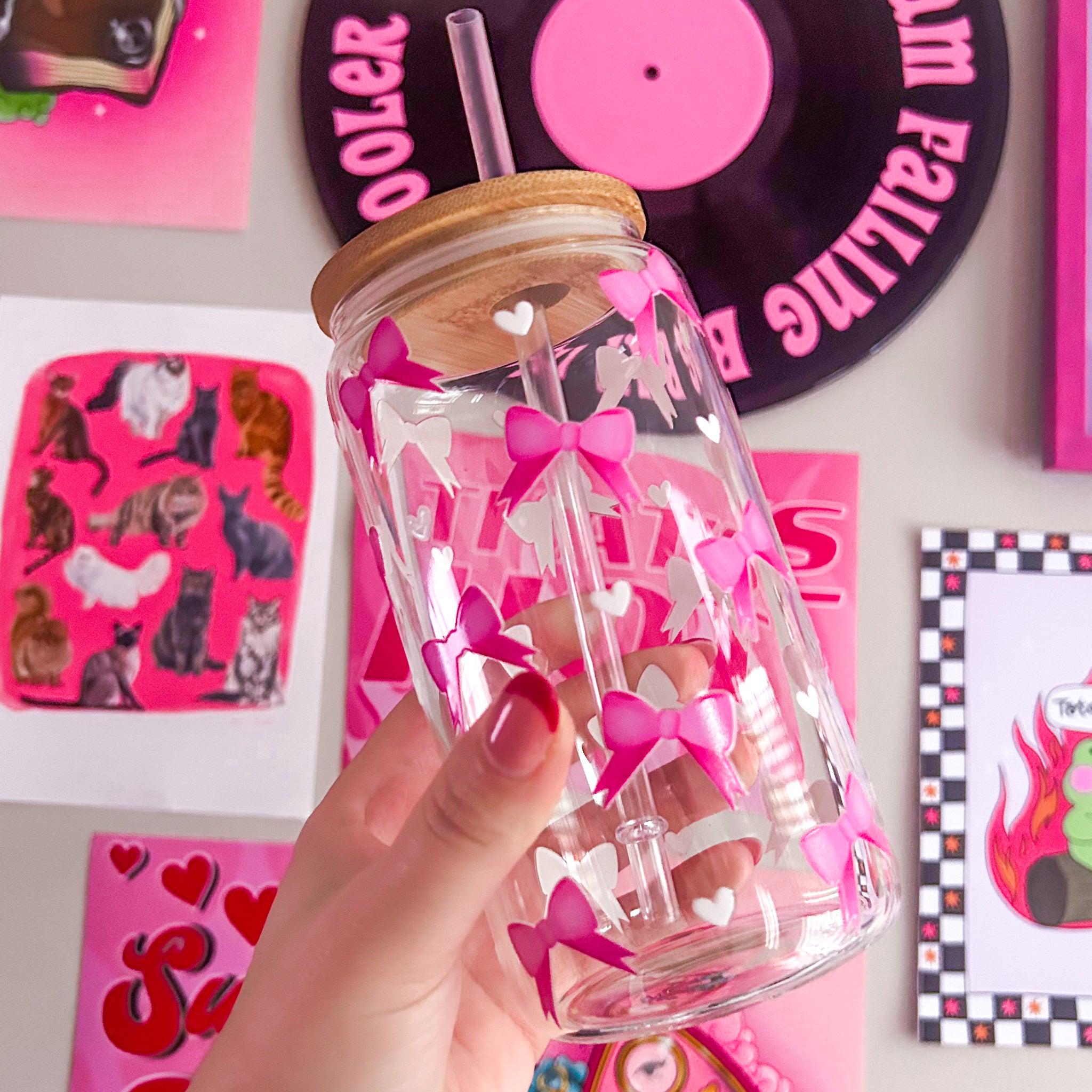 Pink Bow Clear Glass Tumbler, Coquette Aesthetic Cup With Bamboo Lid ...