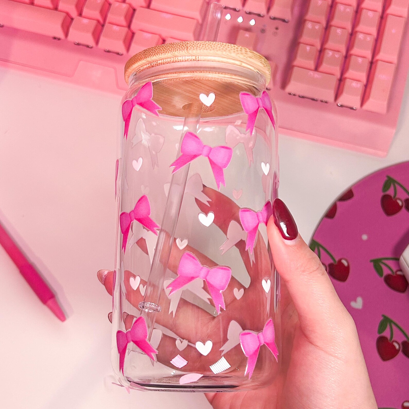 Pink Bow Clear Glass Tumbler, Coquette Aesthetic Cup With Bamboo Lid ...