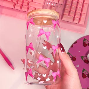 Pink Bow Clear Glass Tumbler, Coquette Aesthetic Cup with Bamboo Lid & Straw, Cute Girly Core Iced Coffee Drinkware, Student or Friend Gift