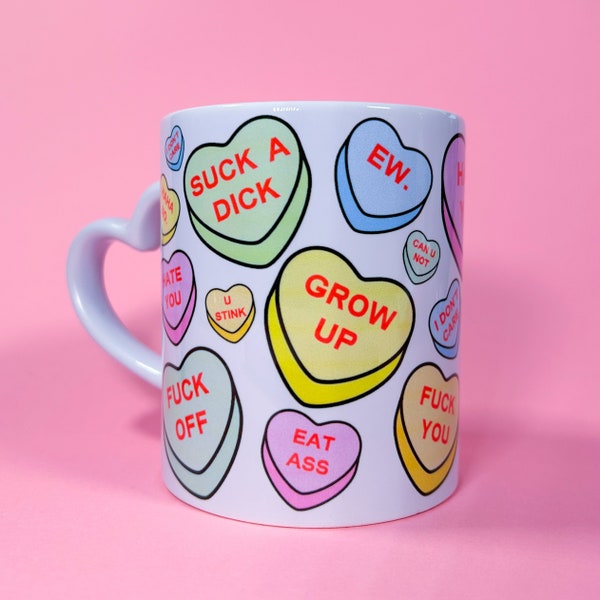 Anti-Valentine's Day Heart Handle Ceramic Mug | Funny Rude Conversational Hearts | Snarky Gift | Colourful Galentines Birthday Present