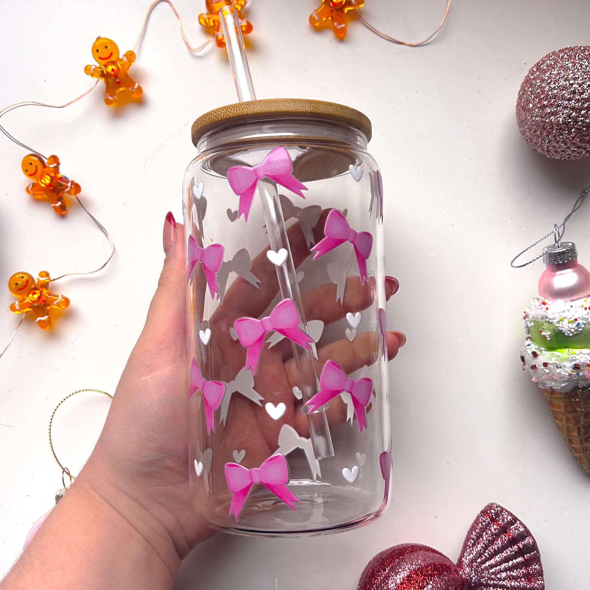 Pink Bow Clear Glass Tumbler, Coquette Aesthetic Cup With Bamboo Lid ...