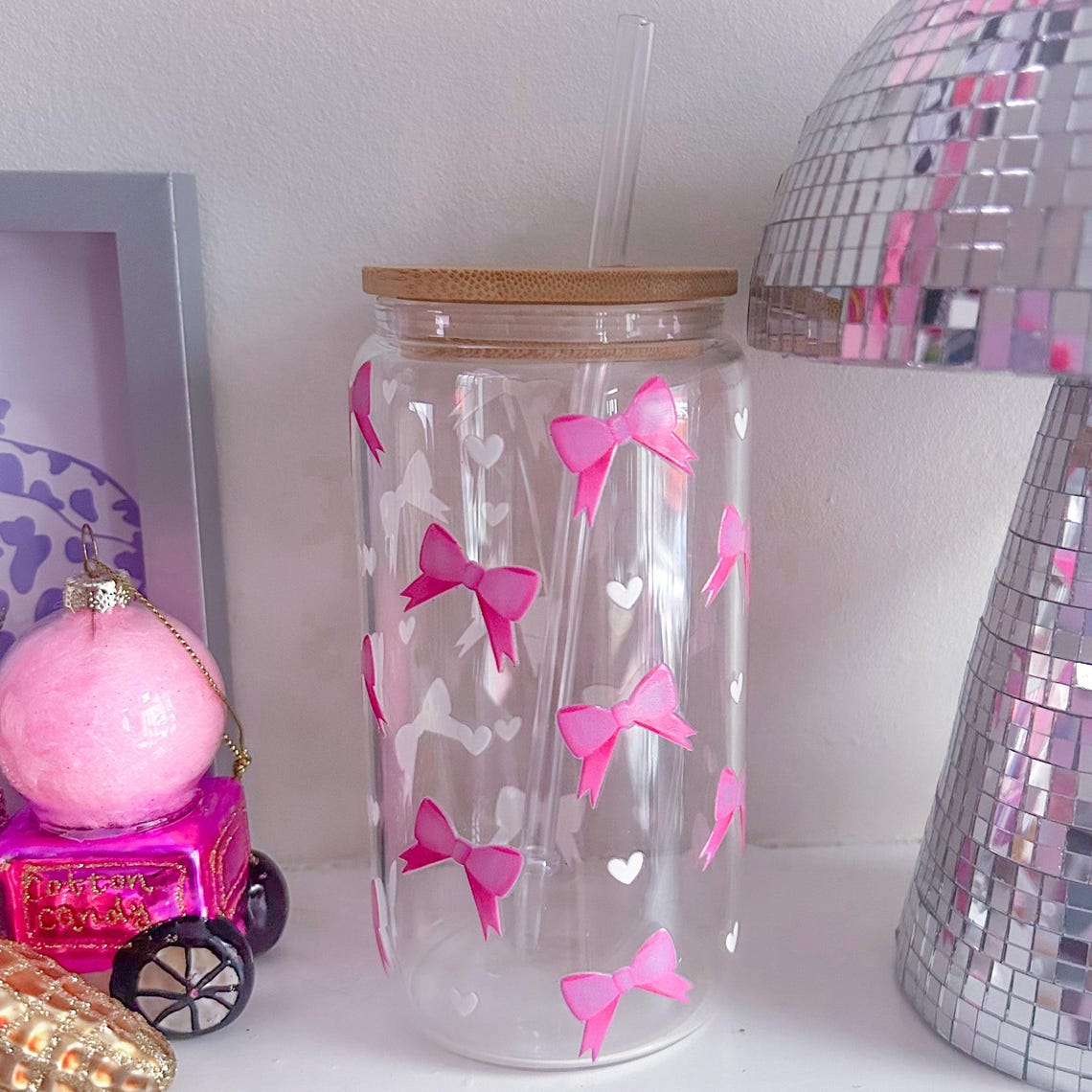 Pink Bow Clear Glass Tumbler, Coquette Aesthetic Cup With Bamboo Lid ...