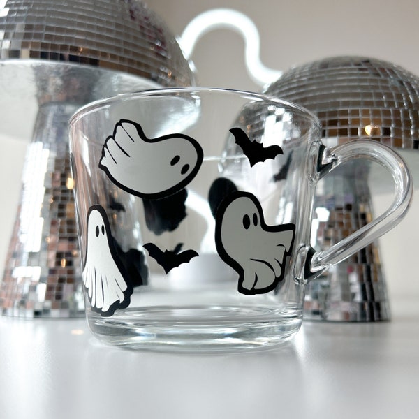 Ghoulish Ghost Print Mug | Kooky Ghosts and Bats | Spooky Season Glass Mug | Halloween Fall Autumn Decor