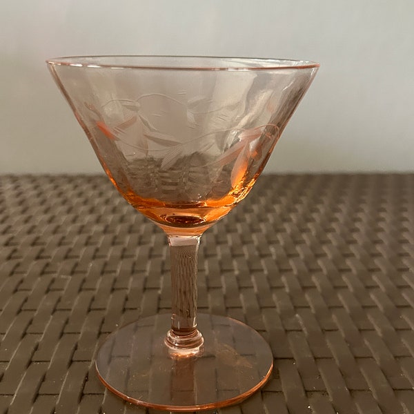 Vintage Pink Optic Depression Glass Etched Vine Flower Pattern Champagne / Wine Glass