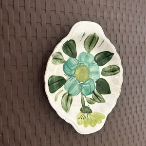 Vintage Norleans Stoneware Ironstone tray platter catchall MCM Boho Cottagecore Teal hand painted flower, Green lime forest green plate