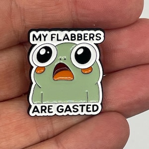 May include: A rectangular enamel pin featuring a light green cartoon frog with large white eyes, orange cheeks, and an open mouth. The text MY FLABBERS is printed in black on a white background at the top, and ARE GASTED is printed at the bottom.