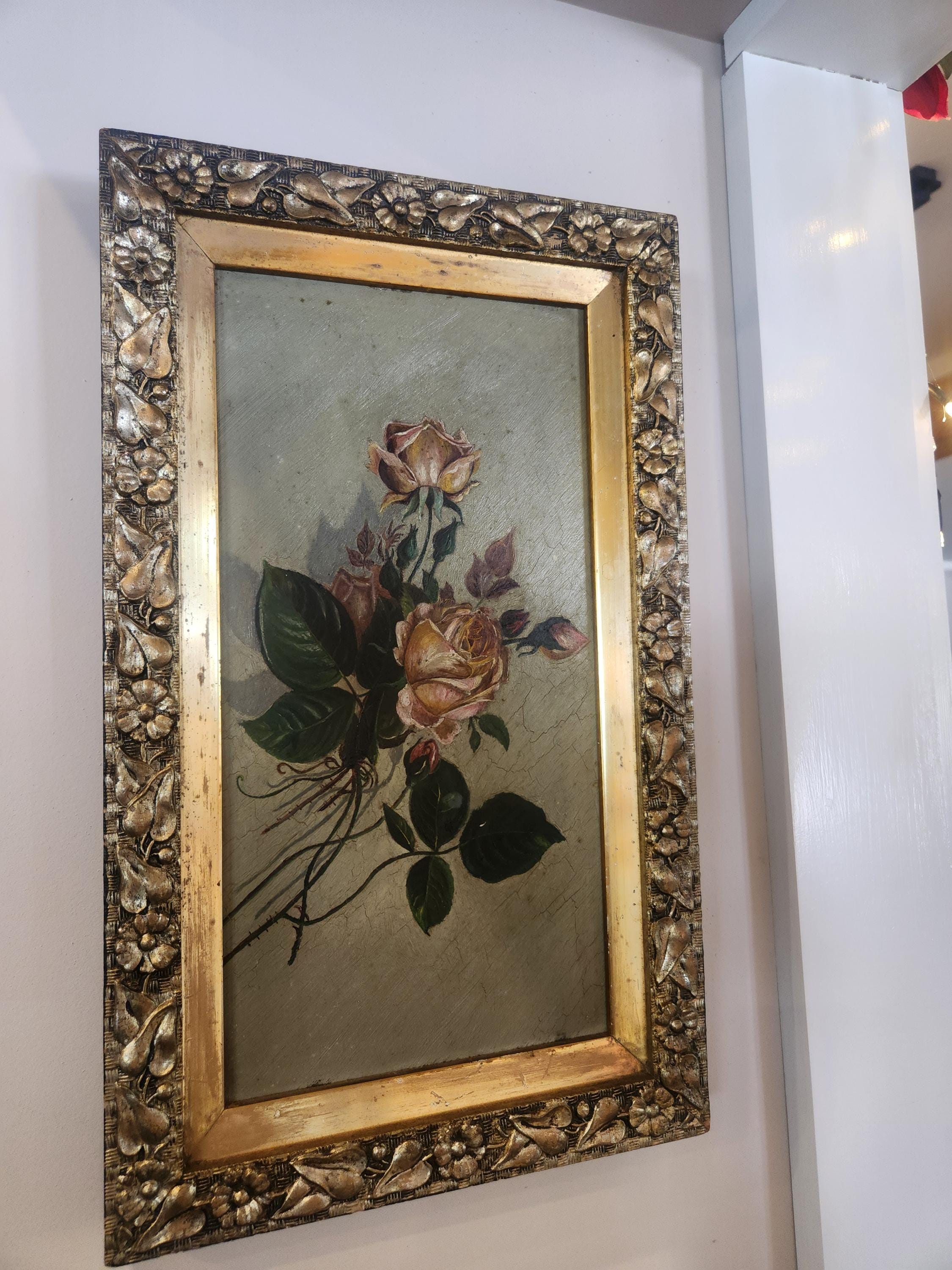 Vintage Rose Oil Painting in Ornate Gold Frame | Floral Wall Art ...
