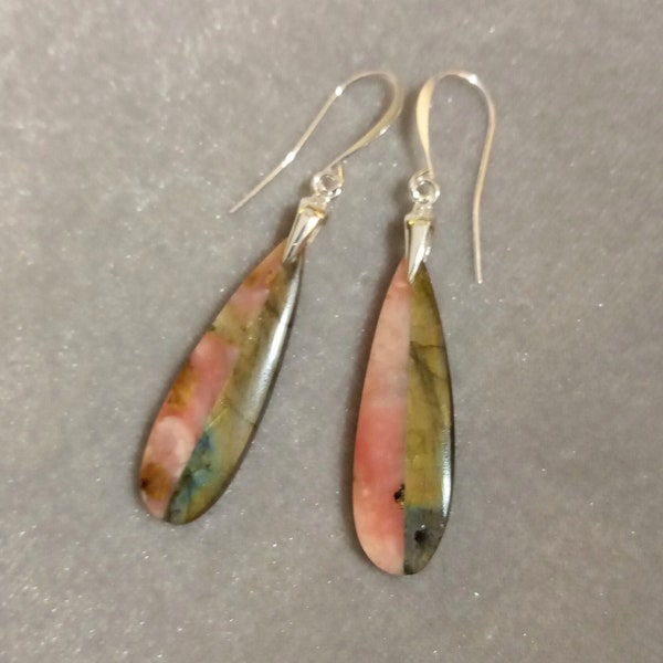 Pink Opal and Labradorite Intarsia Teardrop Earrings