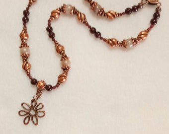 Garnet and Copper Daisy Flower Necklace