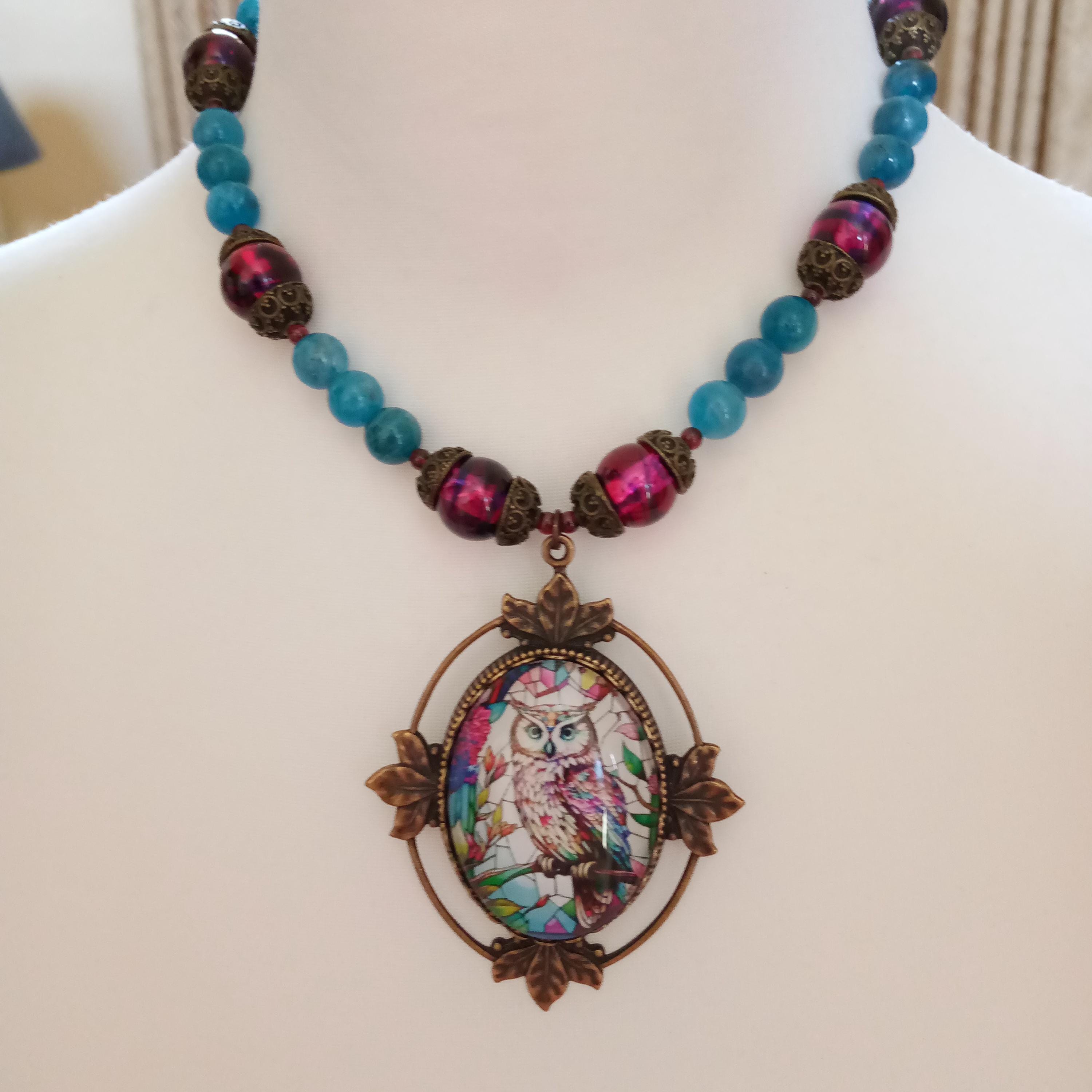 Colorful Owl Choker: Apatite, Garnet accents, Antique Bronze