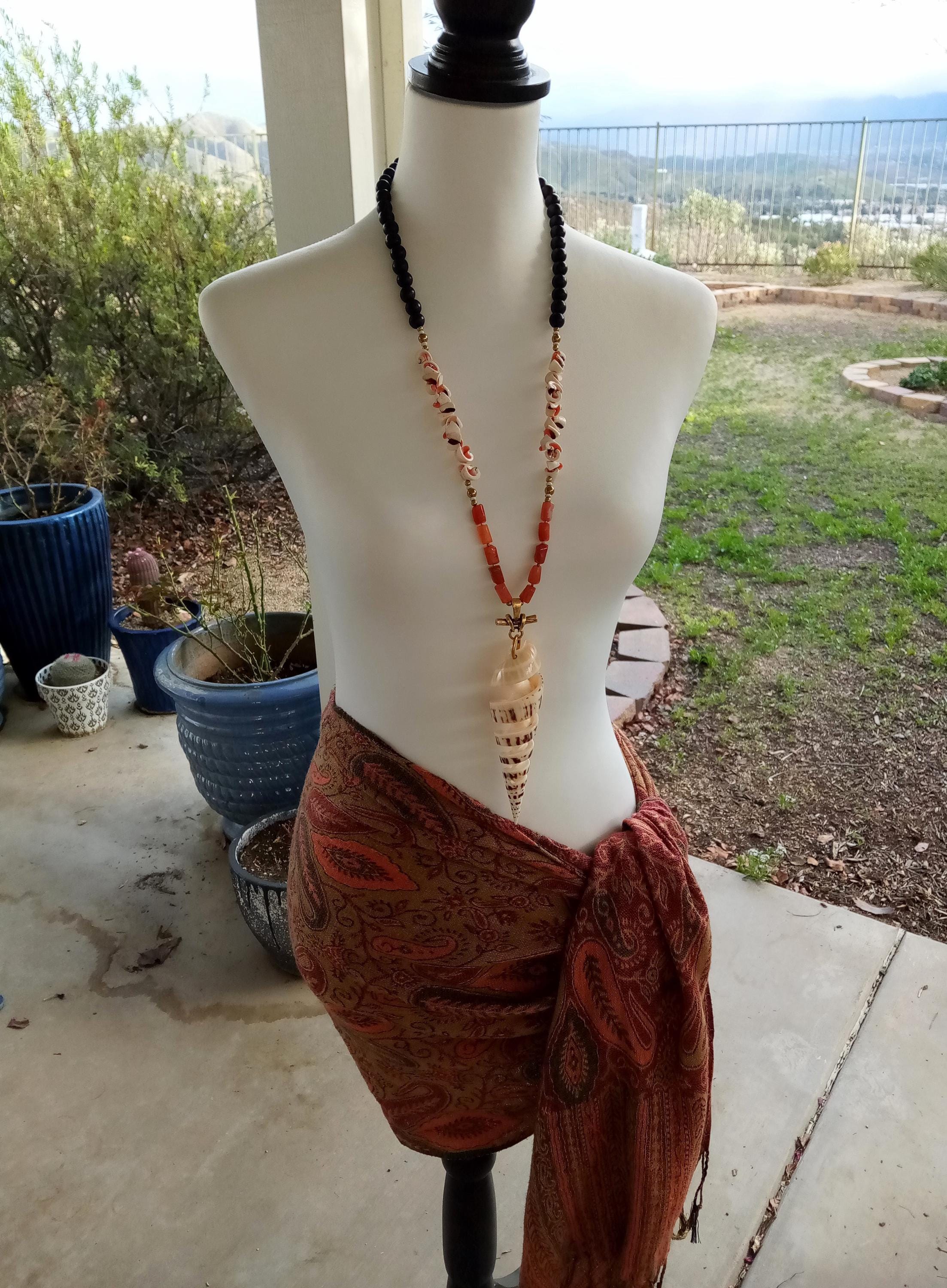 Spiral Cut Giant Tibia Shell Pendant Wood Agate X-long Statement ...