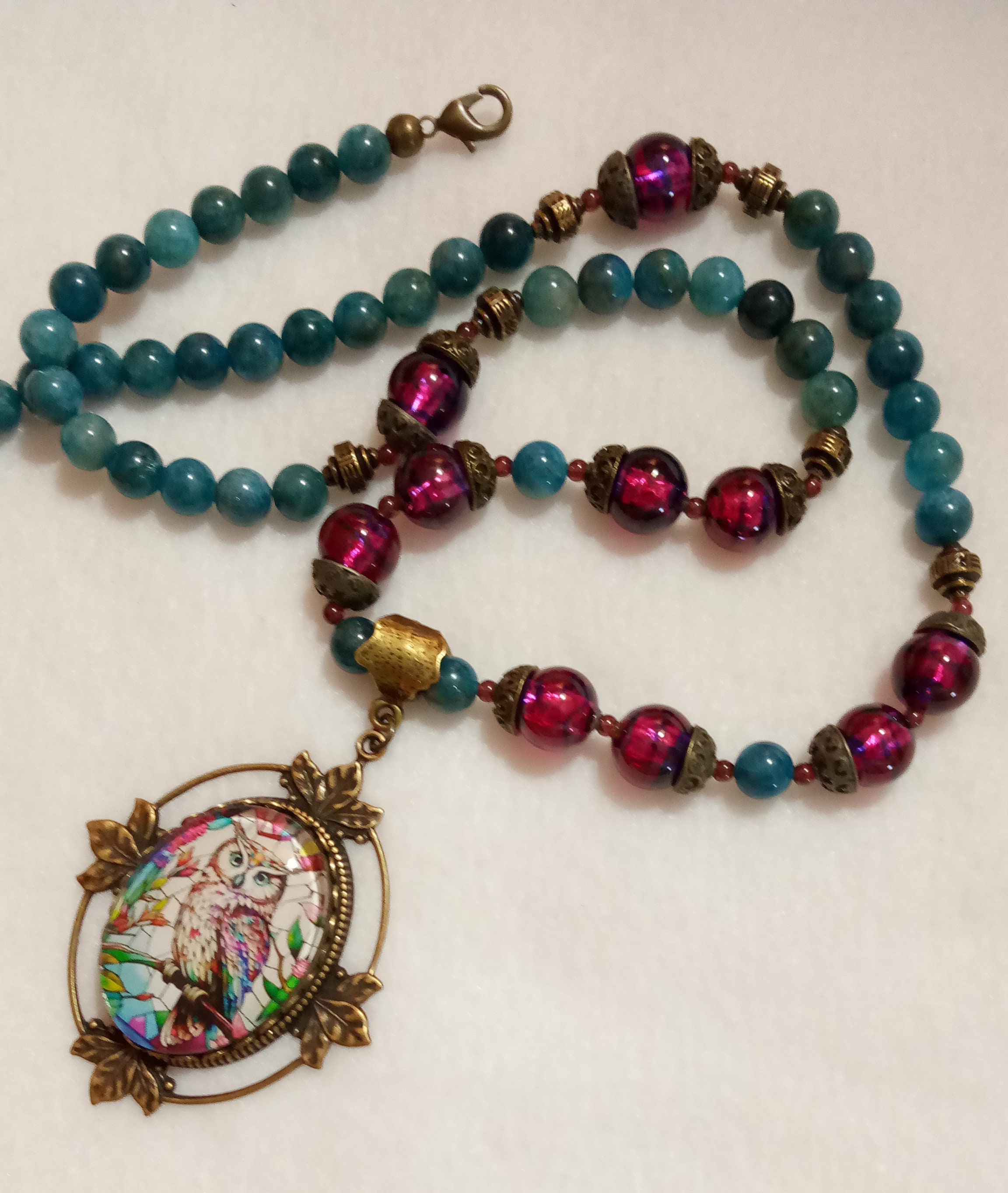 Colorful Woodland Eagle Owl Apatite Long Necklace