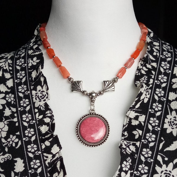 Exotic Pink Thulite with Red Agate and Silver Pendant Necklace