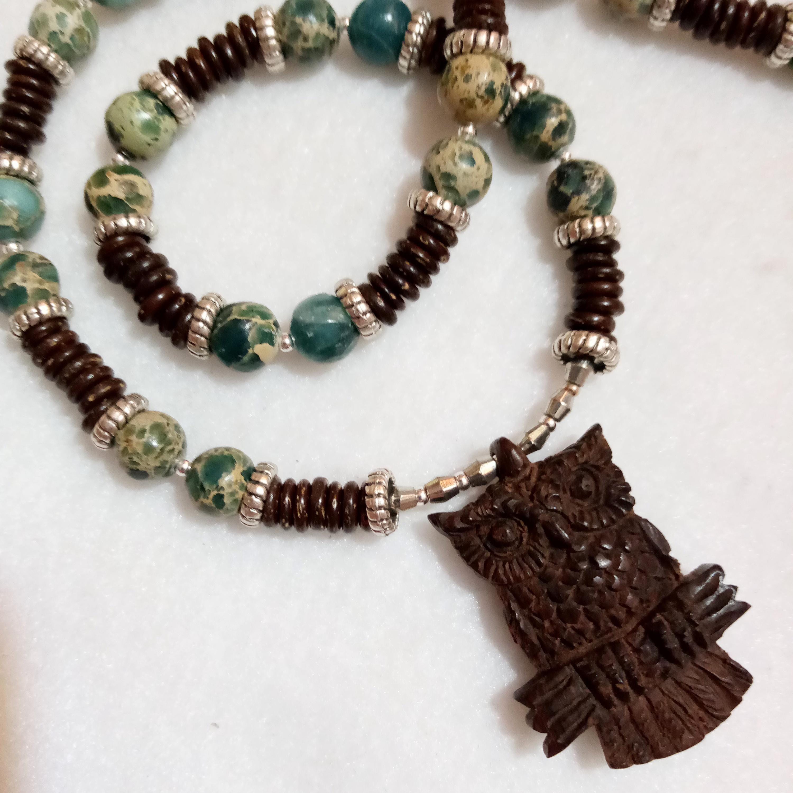 Carved Wood Owl Silver Blue Beaded Necklace