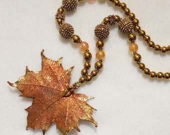 Copper and Gold Electroplated Large Natural Maple Leaf Necklace