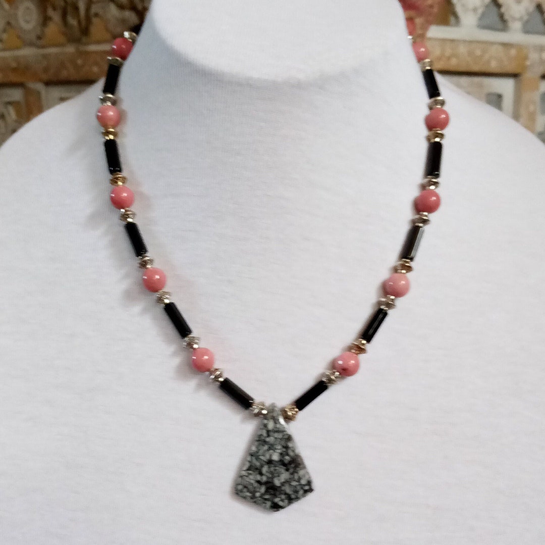 Black and White Matrix Pinolith Rose Pink and Silver Necklace - Etsy