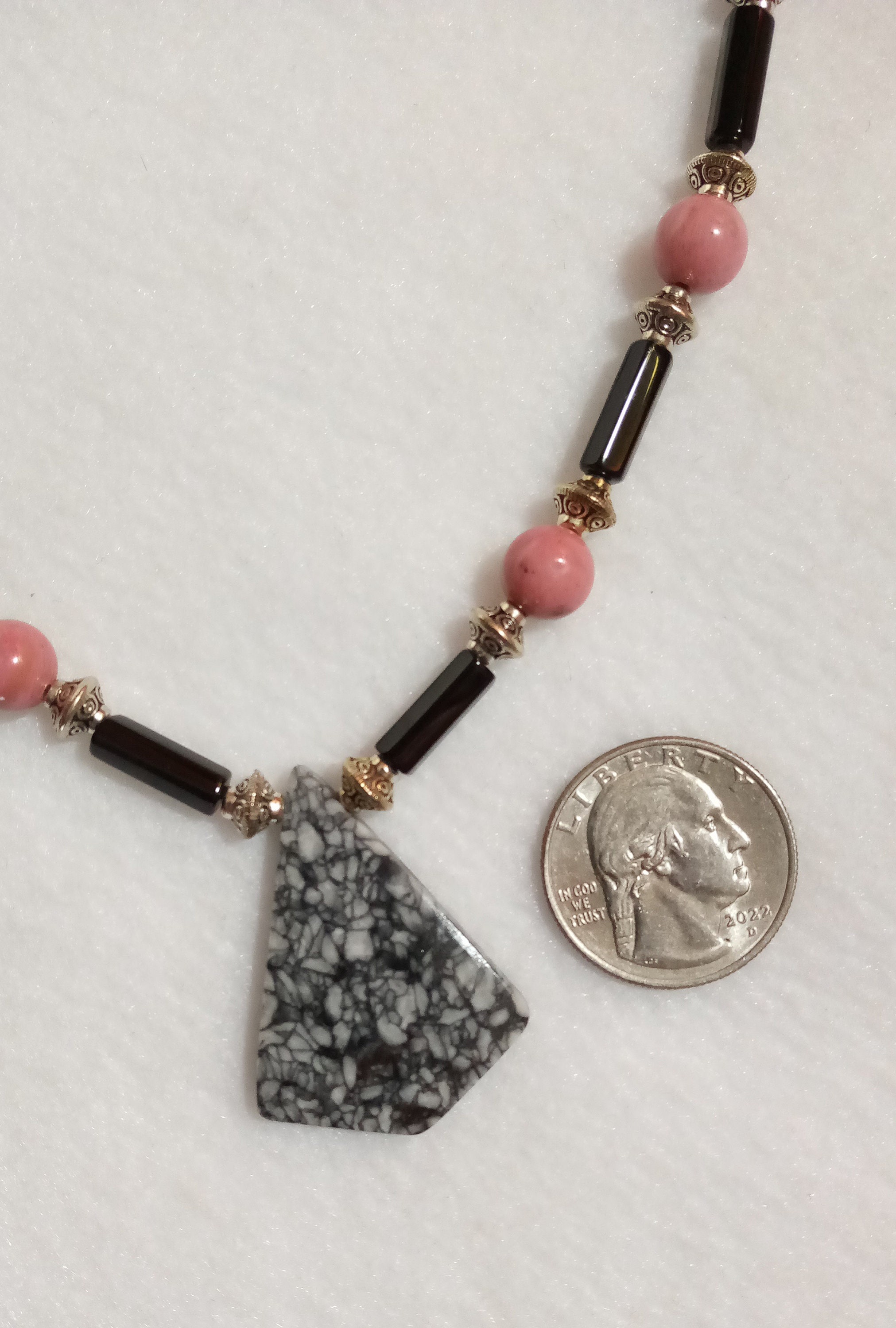 Black and White Matrix Pinolith Rose Pink and Silver Necklace - Etsy