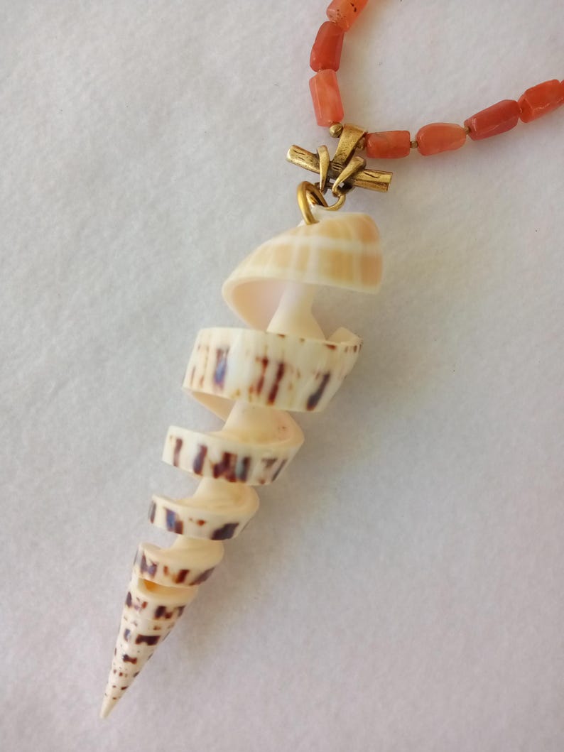 Spiral Cut Giant Tibia Shell Pendant Wood Agate X-long Statement ...