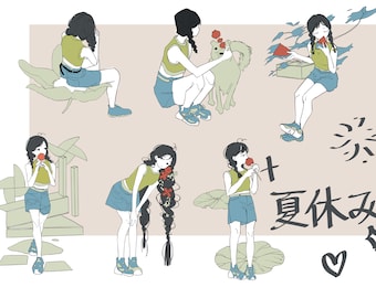 6PC Anime Summer Girl Sticker - Kawaii girl sticker flakes, Assorted manga girl stickers