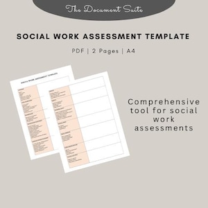Op de afbeelding: Een sjabloon voor sociaal werkbeoordeling met de tekst "Social Work Assessment Template" en "Comprehensive tool for social work assessments." De sjabloon is een PDF, 2 pagina's, A4-formaat, met een licht perzik- en wit kleurenschema.