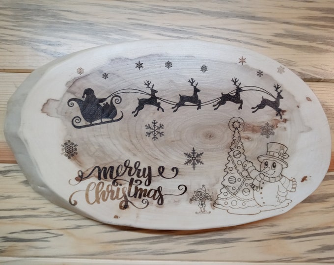 Christmas Tree, Santa, Laser Engraved Natural Wood Slab Decoration, Lacquer Finished, Gift, Wall Decor