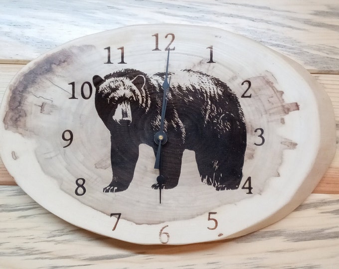 Black Bear, Laser Engraved Clock, Live edge wood, Lacquer Finished, Christmas, Birthday gift. Wall Decoration, Man Cave