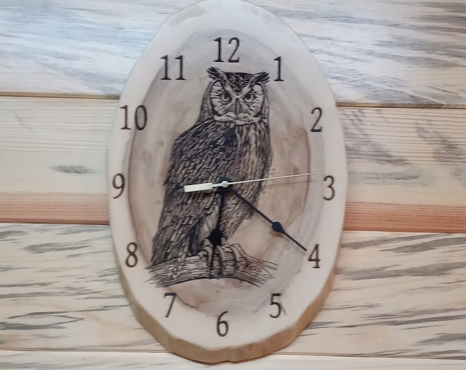 Owl, Laser Engraved Clock, Live edge wood, Lacquer Finished, Christmas, Birthday gift. Wall Decoration, Man Cave