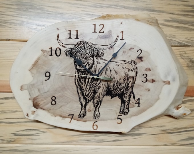 Highland Cow, Laser Engraved Wood Clock, Live edge Wood Clock, Lacquer Finished, Christmas, Birthday gift. Wall Decoration