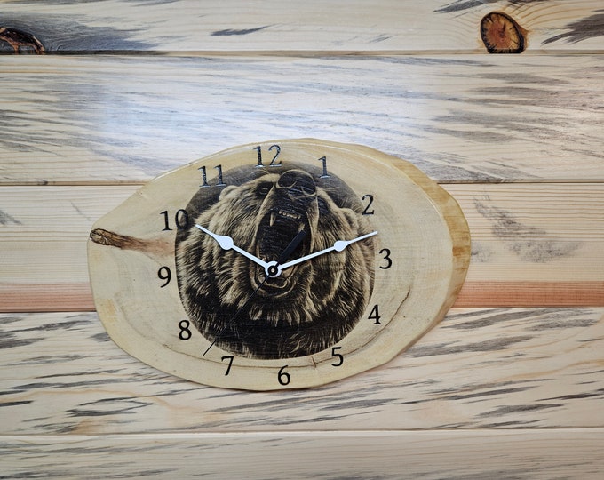 Mad Grizzly, Laser Engraved Natural Wood Clock, Lacquer Finished, Christmas, Father's Day or mancave Gift, Wall Decoration, Christmas