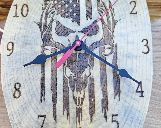 White Tail Buck Skull, Amarican Flag,  Laser Engraved Wood Clock, Natural Wood Clock, Lacquer Finished, Father's Day Gift, Wall Decoration