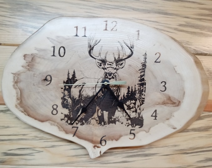 Whitetail deer buck, Laser Engraved Wood Clock, Live edge Wood Clock, Lacquer Finished, Christmas, Birthday gift. Wall Decoration, Man Cave