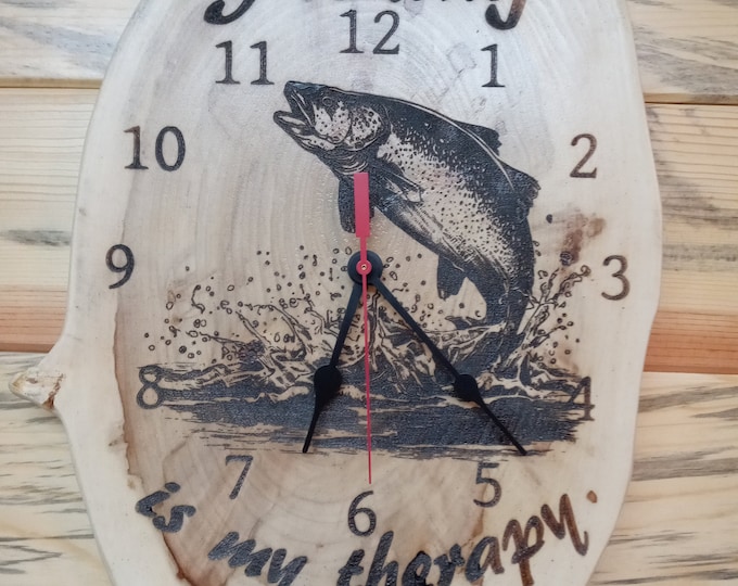 Trout fishing, Laser Engraved Wood, Live edge Clock, Lacquer Finished, Christmas, Birthday gift. Wall Decoration, Man Cave