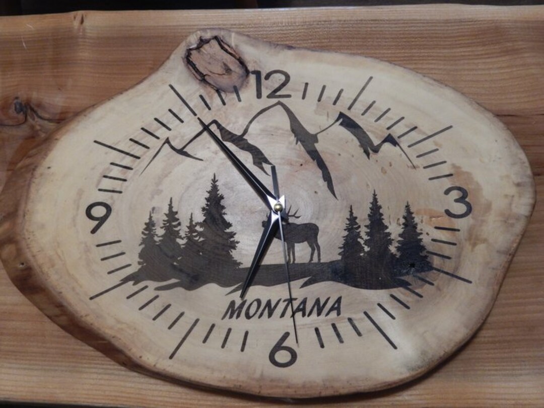 Elk With Trees Laser Engraved Wood Clock Natural Wood Clock Etsy