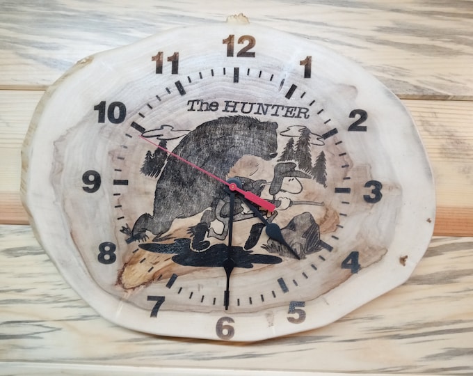 Bear Hunter Humor, Laser Engraved Clock, Live edge Wood, Lacquer Finished, Christmas, Birthday gift. Wall Decoration, Man Cave