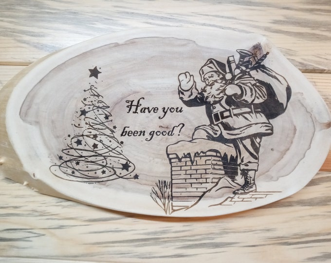 Christmas Tree, Santa, Laser Engraved Natural Wood Slab Decoration, Lacquer Finished, Gift, Wall Decor
