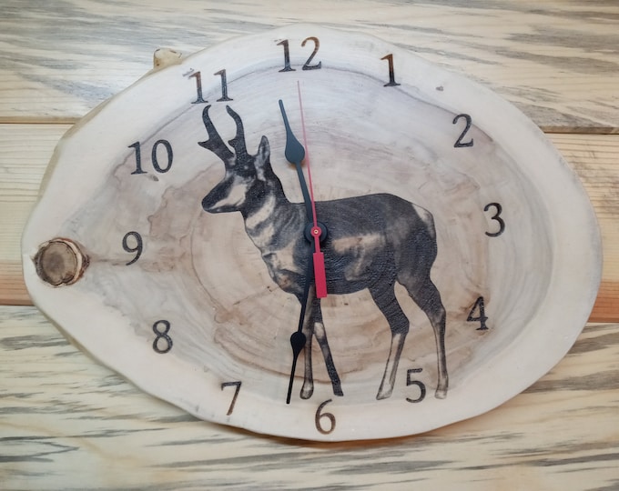 Antelope, Laser Engraved Wood Clock, Live edge Wood Clock, Lacquer Finished, Christmas, Birthday gift. Wall Decoration, Man Cave